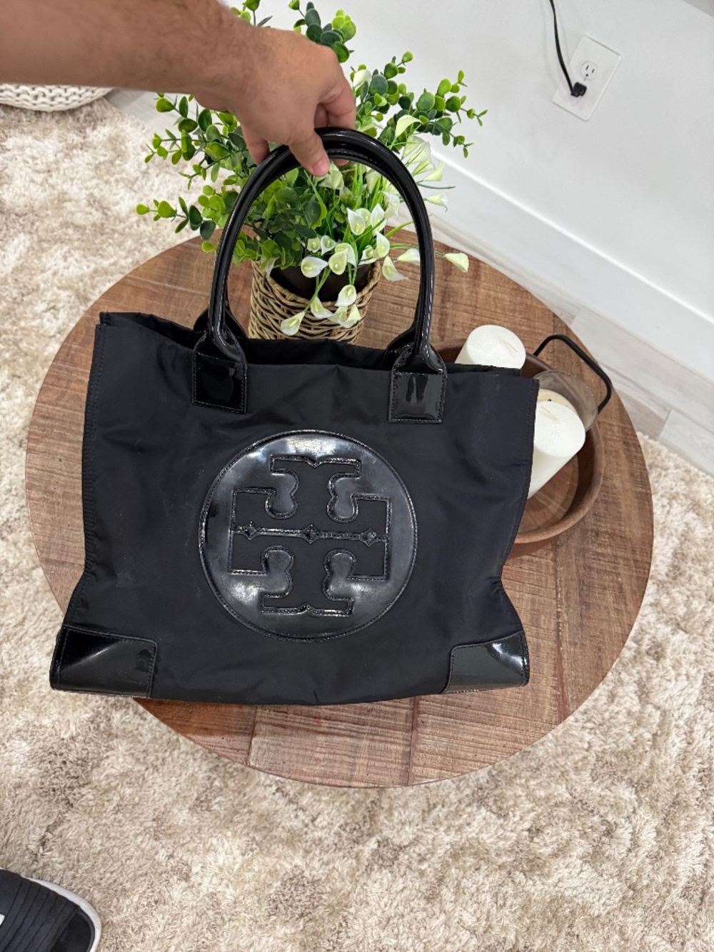 Tory Burch Black Nylon and Patent Leather Large Double Handle Tote Bag
